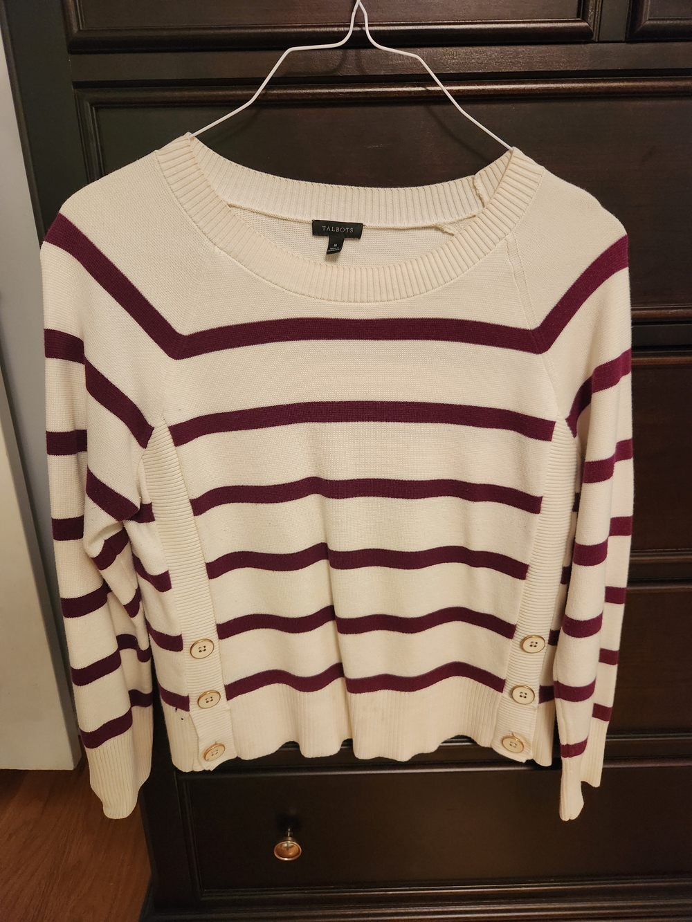 Talbots Cream and Burgundy Striped Crewneck Sweater